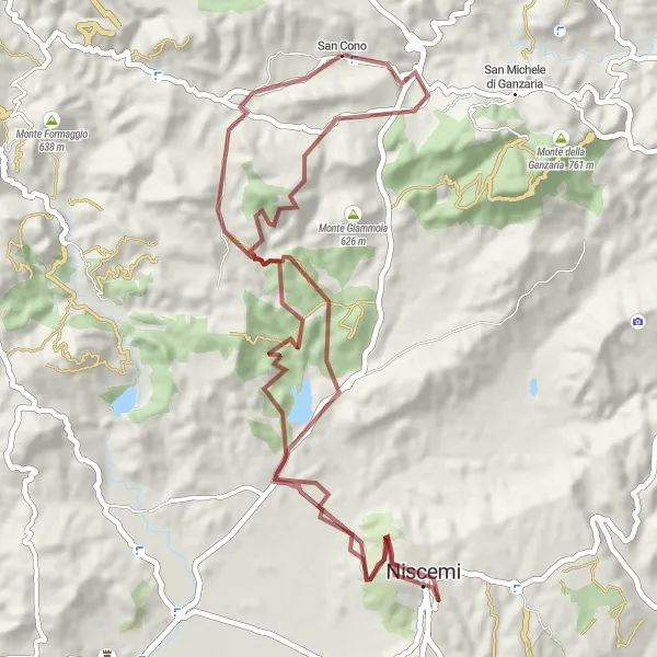 Miniatura della mappa di ispirazione al ciclismo "Avventura ciclistica tra le montagne di San Cono" nella regione di Sicilia, Italy. Generata da Tarmacs.app, pianificatore di rotte ciclistiche