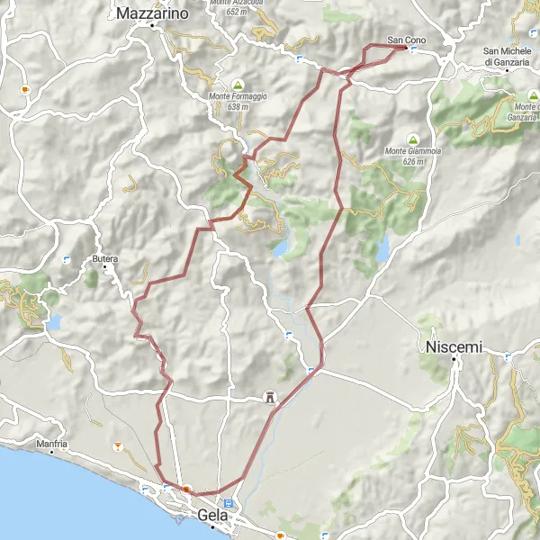Miniatura della mappa di ispirazione al ciclismo "Giro in bicicletta da San Cono ai monti circostanti" nella regione di Sicilia, Italy. Generata da Tarmacs.app, pianificatore di rotte ciclistiche