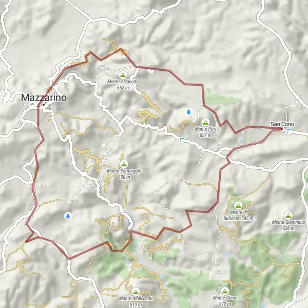 Miniatura della mappa di ispirazione al ciclismo "Tour in bicicletta tra i monti vicino a San Cono" nella regione di Sicilia, Italy. Generata da Tarmacs.app, pianificatore di rotte ciclistiche