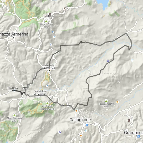 Miniatura della mappa di ispirazione al ciclismo "Scoperta dei monti circostanti a San Cono" nella regione di Sicilia, Italy. Generata da Tarmacs.app, pianificatore di rotte ciclistiche