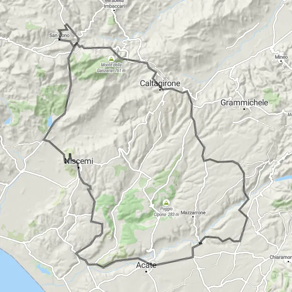 Miniatura della mappa di ispirazione al ciclismo "Giro panoramico tra i monti circostanti San Cono" nella regione di Sicilia, Italy. Generata da Tarmacs.app, pianificatore di rotte ciclistiche