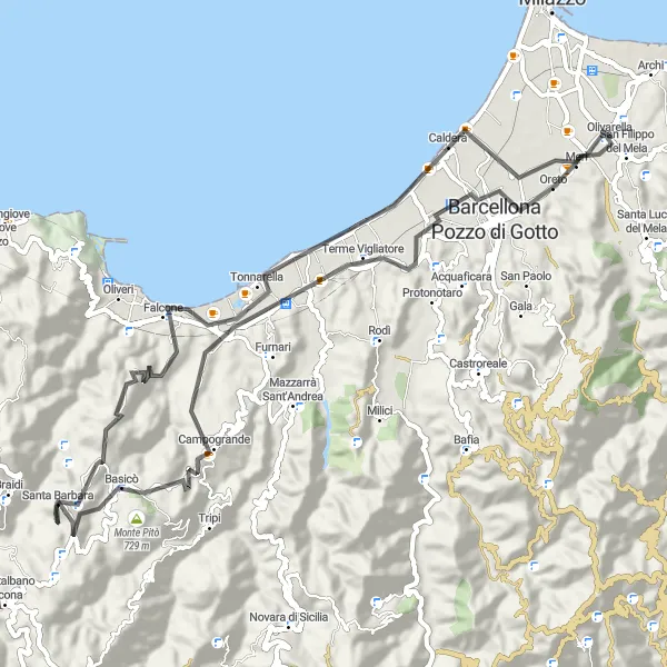 Map miniature of "Scenic Road Trip to Terme Vigliatore" cycling inspiration in Sicilia, Italy. Generated by Tarmacs.app cycling route planner