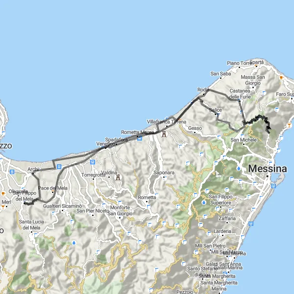 Miniatura della mappa di ispirazione al ciclismo "Escursione su strada da San Filippo del Mela a Saponara Marittima" nella regione di Sicilia, Italy. Generata da Tarmacs.app, pianificatore di rotte ciclistiche