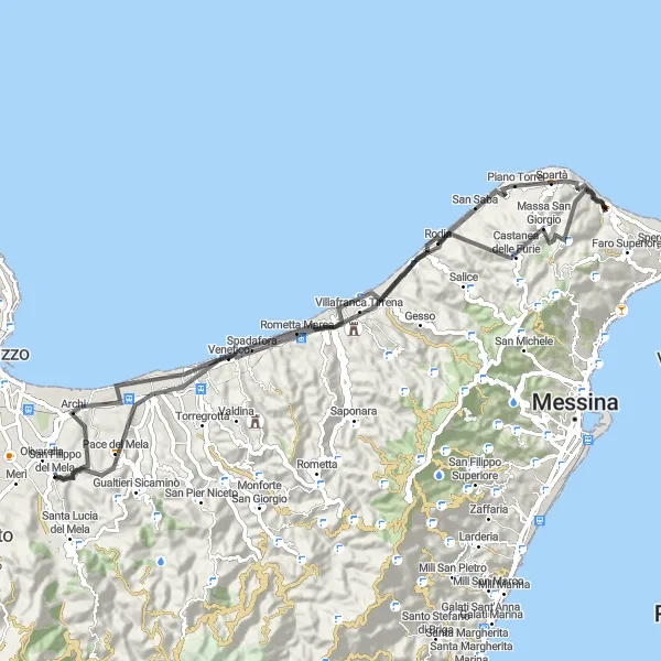 Miniatura della mappa di ispirazione al ciclismo "Giro in bici da San Filippo del Mela a Saponara Marittima" nella regione di Sicilia, Italy. Generata da Tarmacs.app, pianificatore di rotte ciclistiche