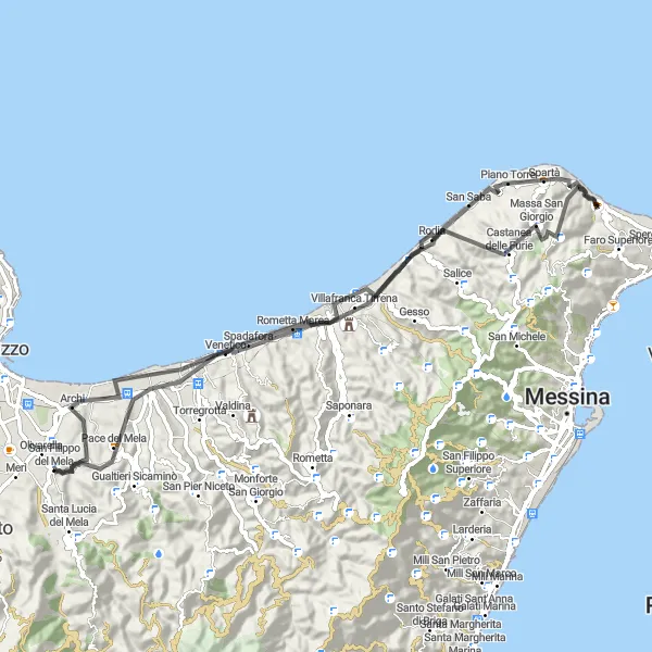 Map miniature of "The Coastal Adventure" cycling inspiration in Sicilia, Italy. Generated by Tarmacs.app cycling route planner