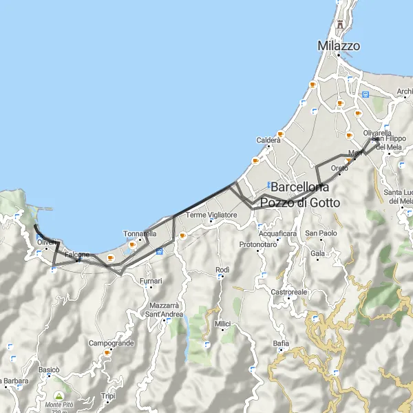 Miniatura della mappa di ispirazione al ciclismo "Passeggiata in bicicletta tra natura e paesaggi mozzafiato" nella regione di Sicilia, Italy. Generata da Tarmacs.app, pianificatore di rotte ciclistiche