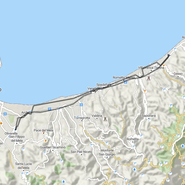 Map miniature of "Coastal Ride to Rometta Marea" cycling inspiration in Sicilia, Italy. Generated by Tarmacs.app cycling route planner