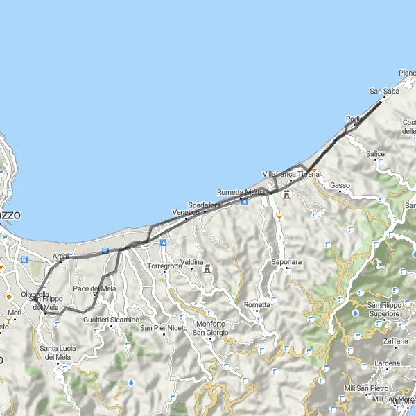 Miniatura della mappa di ispirazione al ciclismo "Giro in bicicletta di 55 km da San Filippo del Mela" nella regione di Sicilia, Italy. Generata da Tarmacs.app, pianificatore di rotte ciclistiche