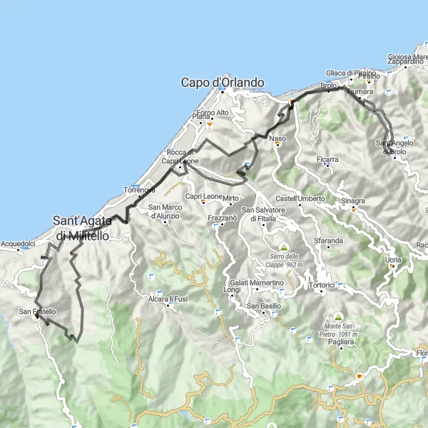 Map miniature of "The Sicilian Coast" cycling inspiration in Sicilia, Italy. Generated by Tarmacs.app cycling route planner