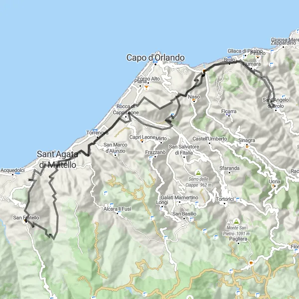 Miniatura della mappa di ispirazione al ciclismo "Avventura su strada intorno a San Fratello" nella regione di Sicilia, Italy. Generata da Tarmacs.app, pianificatore di rotte ciclistiche