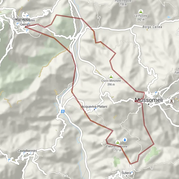 Map miniature of "San Giovanni Gemini - Cammarata Gravel Adventure" cycling inspiration in Sicilia, Italy. Generated by Tarmacs.app cycling route planner