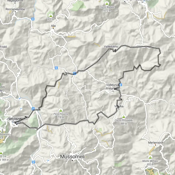 Miniatura della mappa di ispirazione al ciclismo "Tour delle Colline di Sicilia" nella regione di Sicilia, Italy. Generata da Tarmacs.app, pianificatore di rotte ciclistiche