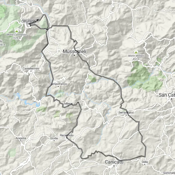 Map miniature of "Mountainous Majesty of Sicily" cycling inspiration in Sicilia, Italy. Generated by Tarmacs.app cycling route planner