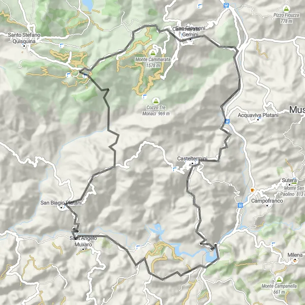 Miniatura della mappa di ispirazione al ciclismo "I Tesori della Val di Sciacca" nella regione di Sicilia, Italy. Generata da Tarmacs.app, pianificatore di rotte ciclistiche