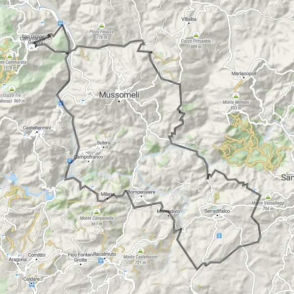 Miniatura della mappa di ispirazione al ciclismo "Tra Monte Castellaccio e Cozzo Pecora" nella regione di Sicilia, Italy. Generata da Tarmacs.app, pianificatore di rotte ciclistiche