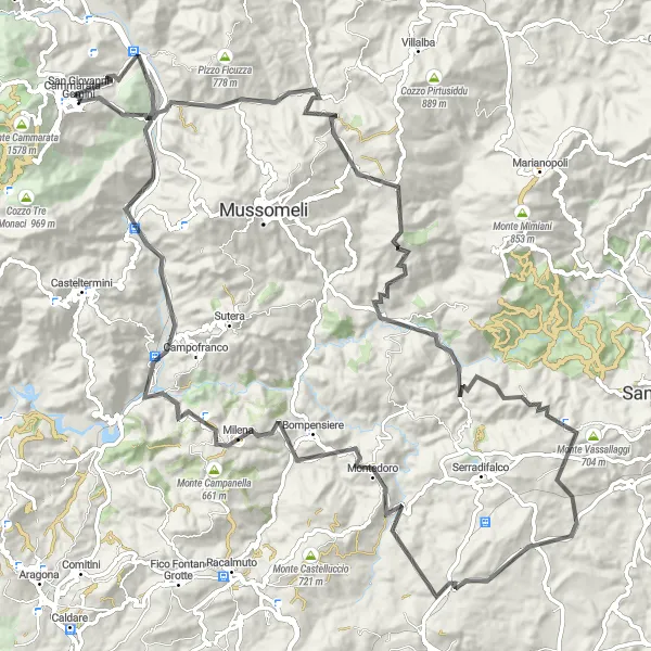 Map miniature of "San Giovanni Gemini - Cammarata Extended Road Cycling Route" cycling inspiration in Sicilia, Italy. Generated by Tarmacs.app cycling route planner