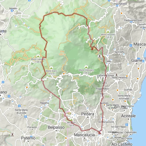Map miniature of "Challenging gravel cycling route with volcanic landscapes near San Giovanni la Punta" cycling inspiration in Sicilia, Italy. Generated by Tarmacs.app cycling route planner