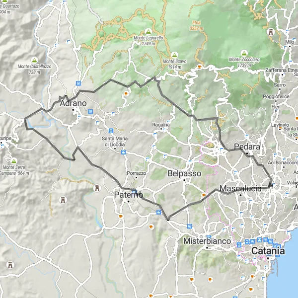 Miniatura della mappa di ispirazione al ciclismo "Tour ciclistico da San Giovanni la Punta a Pedara" nella regione di Sicilia, Italy. Generata da Tarmacs.app, pianificatore di rotte ciclistiche