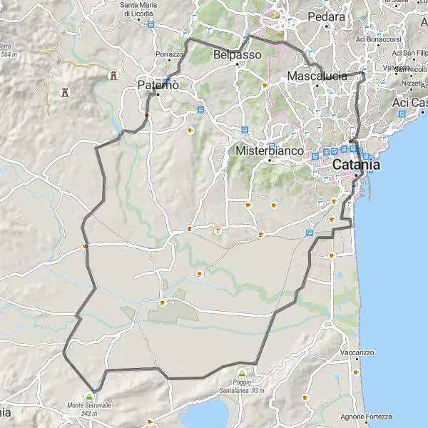 Miniatura della mappa di ispirazione al ciclismo "Giro in bicicletta stradale intorno a San Giovanni la Punta" nella regione di Sicilia, Italy. Generata da Tarmacs.app, pianificatore di rotte ciclistiche