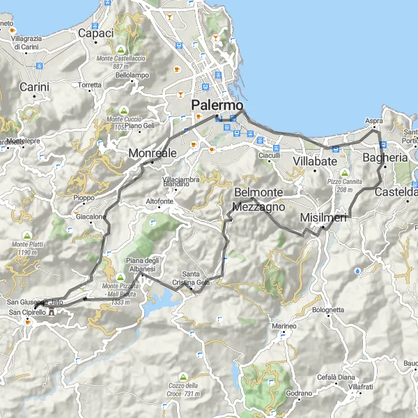 Map miniature of "San Giuseppe Jato Loop" cycling inspiration in Sicilia, Italy. Generated by Tarmacs.app cycling route planner