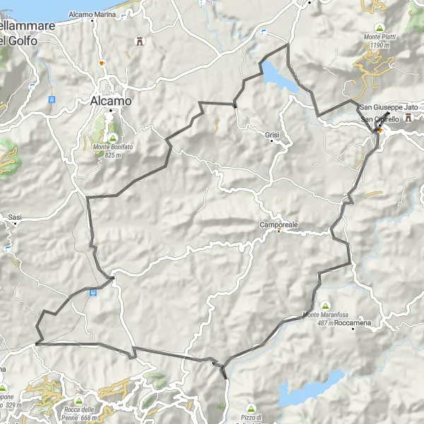 Miniatura della mappa di ispirazione al ciclismo "Giro San Giuseppe Jato" nella regione di Sicilia, Italy. Generata da Tarmacs.app, pianificatore di rotte ciclistiche