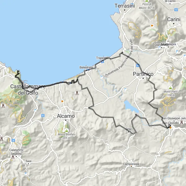 Miniatura della mappa di ispirazione al ciclismo "Giro Avventuroso della Sicilia" nella regione di Sicilia, Italy. Generata da Tarmacs.app, pianificatore di rotte ciclistiche