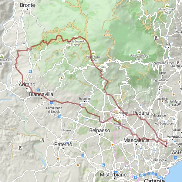 Map miniature of "Adventure Among Gravel Paths" cycling inspiration in Sicilia, Italy. Generated by Tarmacs.app cycling route planner