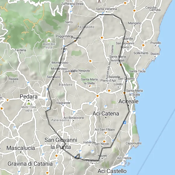 Map miniature of "San Gregorio di Catania - Trecastagni Loop" cycling inspiration in Sicilia, Italy. Generated by Tarmacs.app cycling route planner