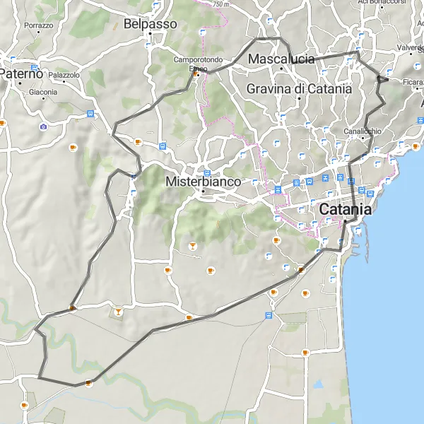 Miniatura della mappa di ispirazione al ciclismo "Circuito ciclistico tra Catania e San Gregorio di Catania" nella regione di Sicilia, Italy. Generata da Tarmacs.app, pianificatore di rotte ciclistiche