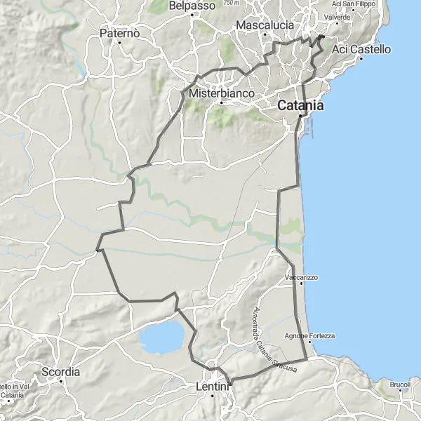 Map miniature of "Catania - San Gregorio di Catania Scenic Cycling Route" cycling inspiration in Sicilia, Italy. Generated by Tarmacs.app cycling route planner