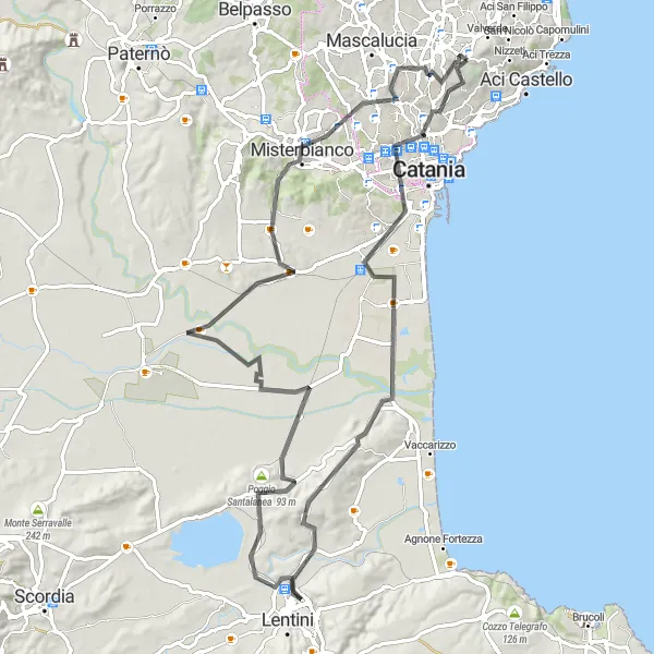 Map miniature of "Cycling through the Heritage Sites of Catania" cycling inspiration in Sicilia, Italy. Generated by Tarmacs.app cycling route planner