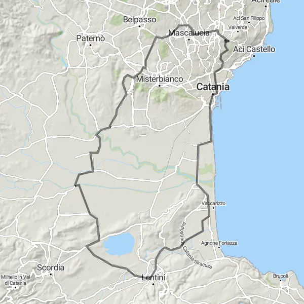 Map miniature of "Road Cycling Exploration" cycling inspiration in Sicilia, Italy. Generated by Tarmacs.app cycling route planner