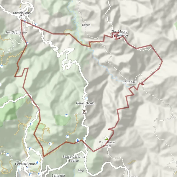 Miniatura della mappa di ispirazione al ciclismo "Alla scoperta di Cozzo Marino in Gravel" nella regione di Sicilia, Italy. Generata da Tarmacs.app, pianificatore di rotte ciclistiche