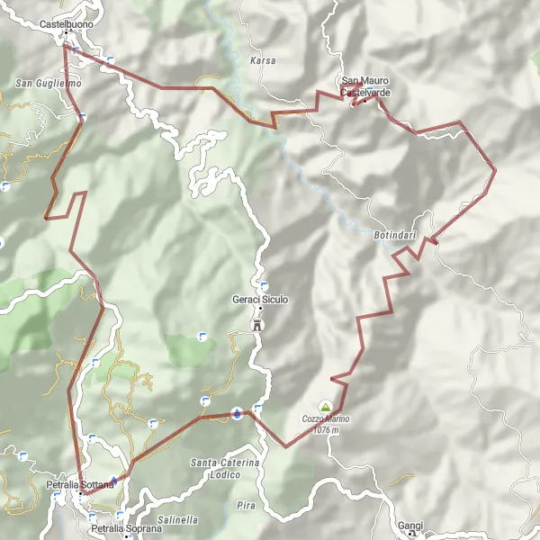 Miniatura della mappa di ispirazione al ciclismo "Esplorazione di Castelbuono in Gravel" nella regione di Sicilia, Italy. Generata da Tarmacs.app, pianificatore di rotte ciclistiche