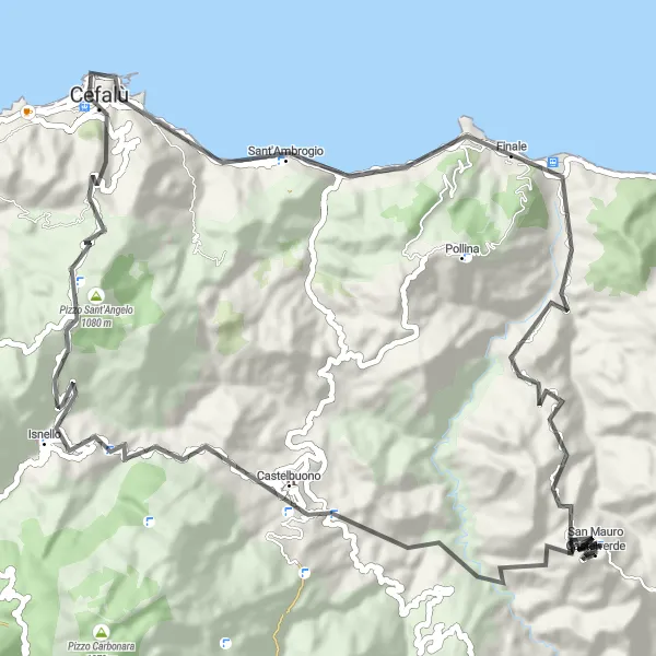 Miniatura della mappa di ispirazione al ciclismo "Giro in bicicletta verso Cefalù" nella regione di Sicilia, Italy. Generata da Tarmacs.app, pianificatore di rotte ciclistiche