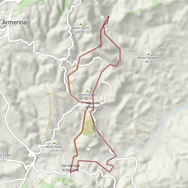 Miniatura della mappa di ispirazione al ciclismo "Breve Giro in Gravel tra natura e borghi siciliani" nella regione di Sicilia, Italy. Generata da Tarmacs.app, pianificatore di rotte ciclistiche