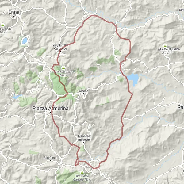 Miniatura della mappa di ispirazione al ciclismo "Avventura Gravel verso Cozzo della Croce" nella regione di Sicilia, Italy. Generata da Tarmacs.app, pianificatore di rotte ciclistiche