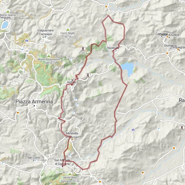 Miniatura della mappa di ispirazione al ciclismo "Avventuroso Giro in Gravel tra colline siciliane" nella regione di Sicilia, Italy. Generata da Tarmacs.app, pianificatore di rotte ciclistiche