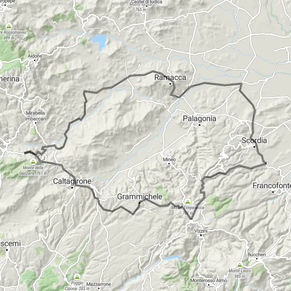 Miniatura della mappa di ispirazione al ciclismo "Tour ciclistico tra Poggio Greco e Monte della Ganzaria" nella regione di Sicilia, Italy. Generata da Tarmacs.app, pianificatore di rotte ciclistiche
