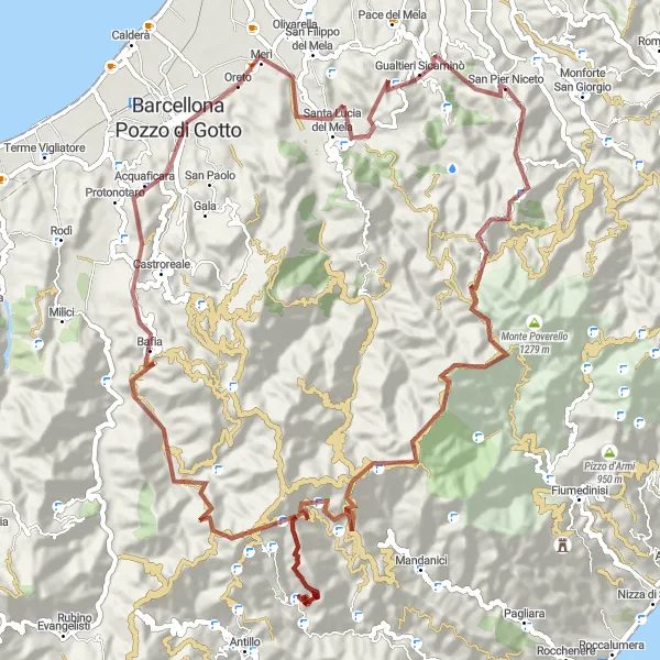 Map miniature of "Gravel routes starting near San Pier Niceto" cycling inspiration in Sicilia, Italy. Generated by Tarmacs.app cycling route planner