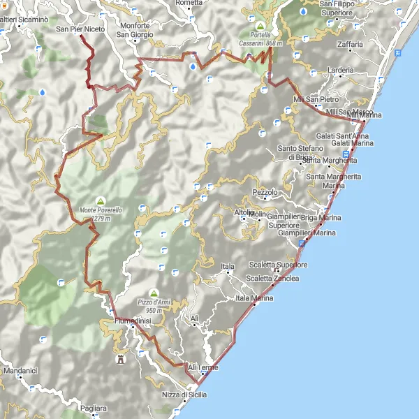 Miniatura della mappa di ispirazione al ciclismo "Ciclabile Gravel a San Pier Niceto" nella regione di Sicilia, Italy. Generata da Tarmacs.app, pianificatore di rotte ciclistiche
