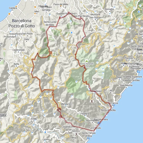 Miniatura della mappa di ispirazione al ciclismo "Sfida estrema tra i monti siciliani" nella regione di Sicilia, Italy. Generata da Tarmacs.app, pianificatore di rotte ciclistiche