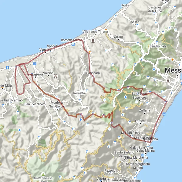 Miniatura della mappa di ispirazione al ciclismo "Giro in bicicletta tra San Pier Niceto e dintorni" nella regione di Sicilia, Italy. Generata da Tarmacs.app, pianificatore di rotte ciclistiche