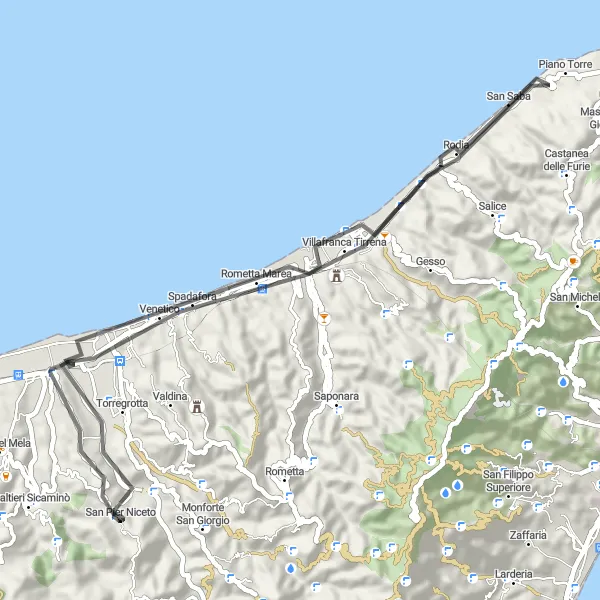 Miniatura della mappa di ispirazione al ciclismo "Giro in Bicicletta Vicino a San Pier Niceto" nella regione di Sicilia, Italy. Generata da Tarmacs.app, pianificatore di rotte ciclistiche