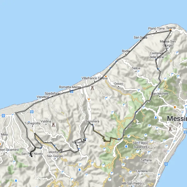 Map miniature of "Rometta Coastal Ride" cycling inspiration in Sicilia, Italy. Generated by Tarmacs.app cycling route planner