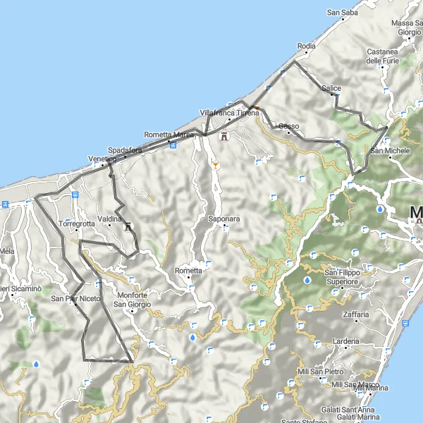 Map miniature of "Road routes starting near San Pier Niceto" cycling inspiration in Sicilia, Italy. Generated by Tarmacs.app cycling route planner