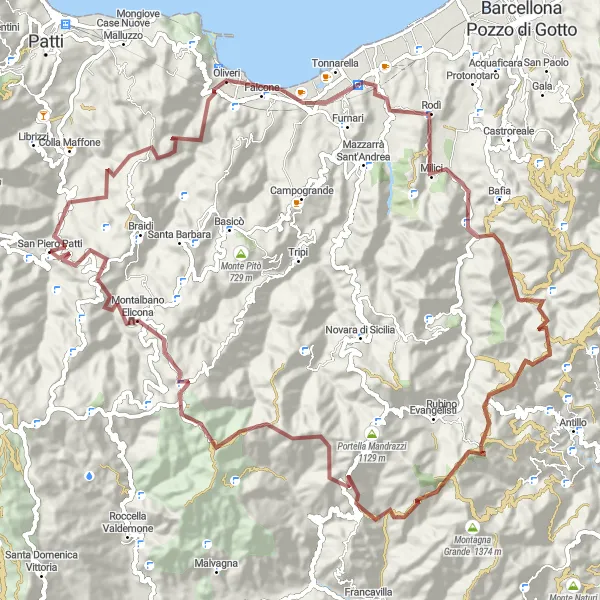 Miniatura della mappa di ispirazione al ciclismo "Percorso Gravel Monte Scarrata" nella regione di Sicilia, Italy. Generata da Tarmacs.app, pianificatore di rotte ciclistiche
