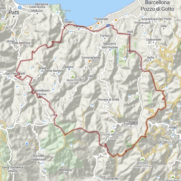 Map miniature of "Discovering the Hidden Mountaintops" cycling inspiration in Sicilia, Italy. Generated by Tarmacs.app cycling route planner