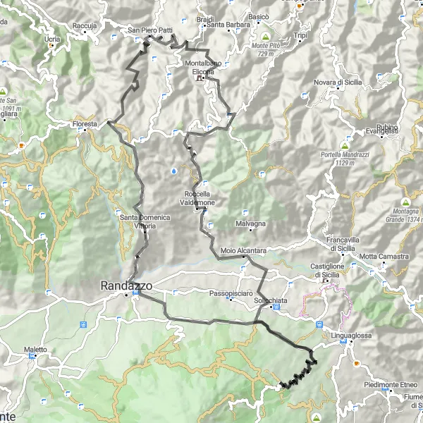 Miniatura della mappa di ispirazione al ciclismo "Avventuroso Giro Stradale" nella regione di Sicilia, Italy. Generata da Tarmacs.app, pianificatore di rotte ciclistiche