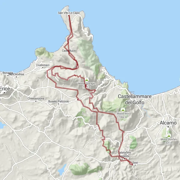 Miniatura della mappa di ispirazione al ciclismo "Esplorazione in bicicletta tra Monte Pelato e Monte Sparagio" nella regione di Sicilia, Italy. Generata da Tarmacs.app, pianificatore di rotte ciclistiche